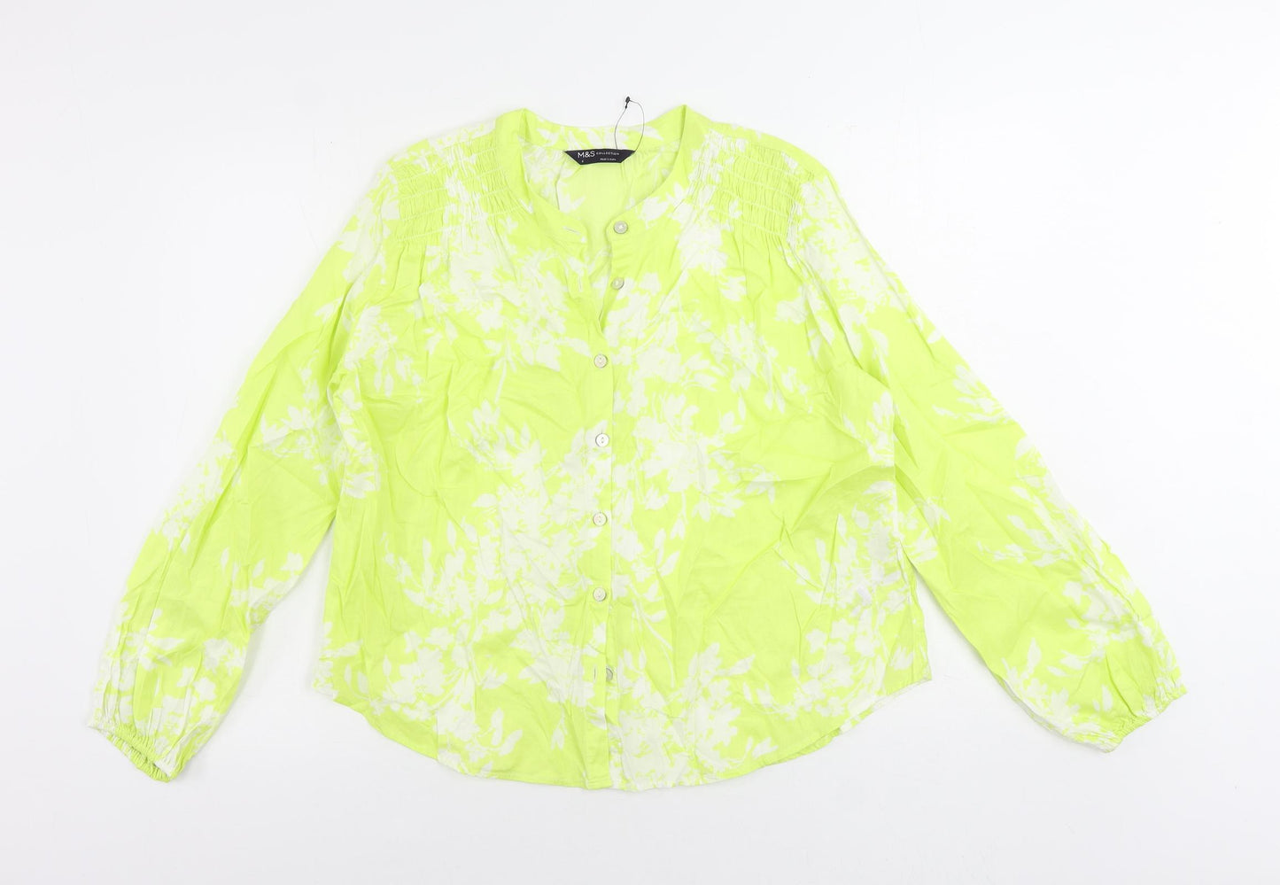 Marks and Spencer Womens Yellow Floral Cotton Basic Button-Up Size 6 V-Neck