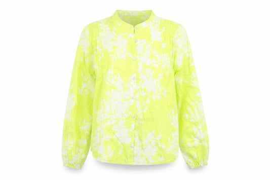 Front view of Marks & Spencer women’s yellow floral cotton basic button-up, size UK 6, v-neck