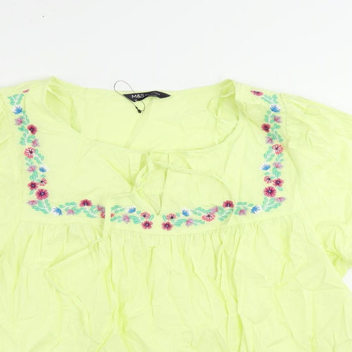 Marks and Spencer Womens Yellow Cotton Basic Blouse Size 18 V-Neck - Embroidered