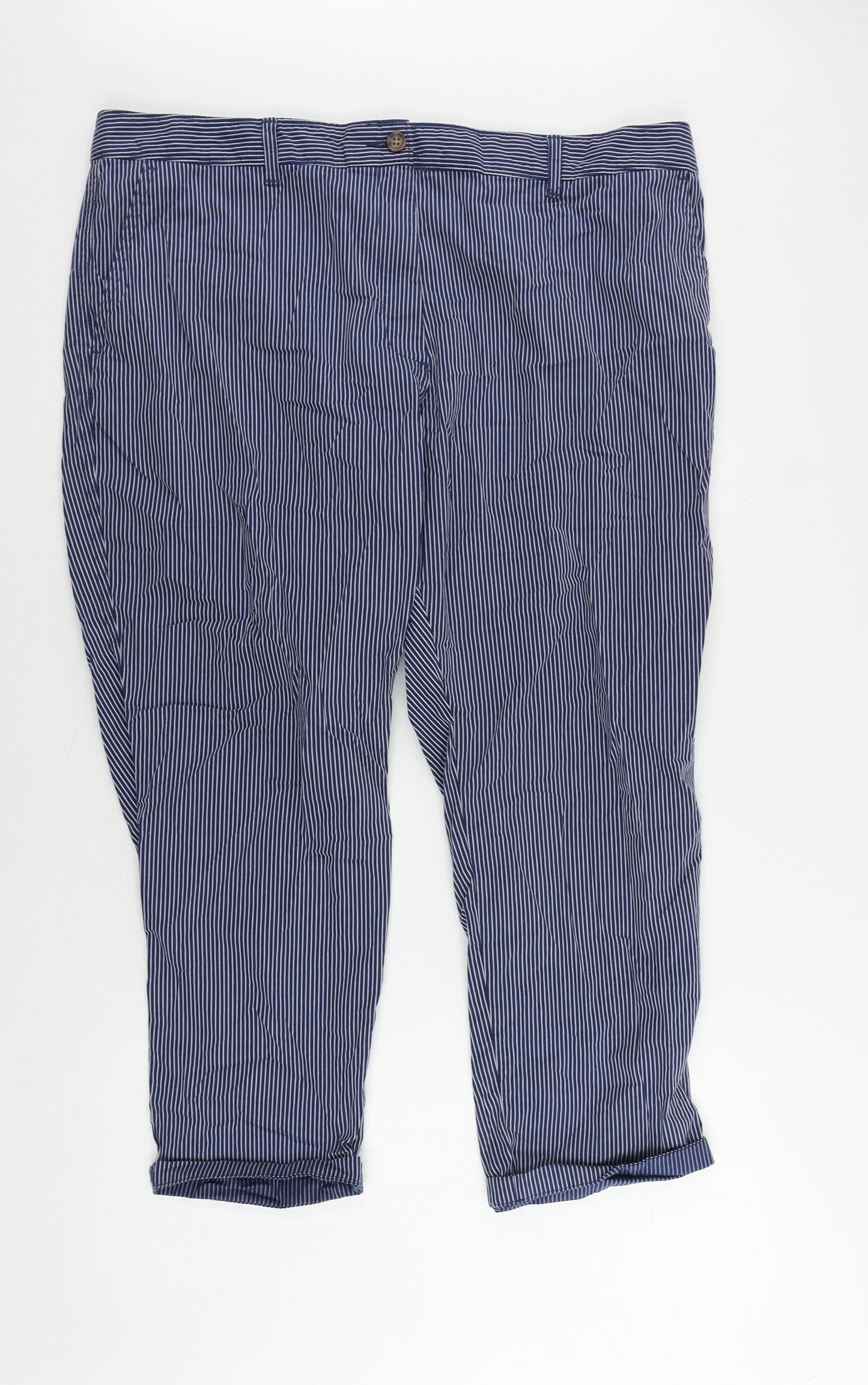 Marks and Spencer Womens Blue Striped Cotton Chino Trousers Size 20 L25 in Regular Zip