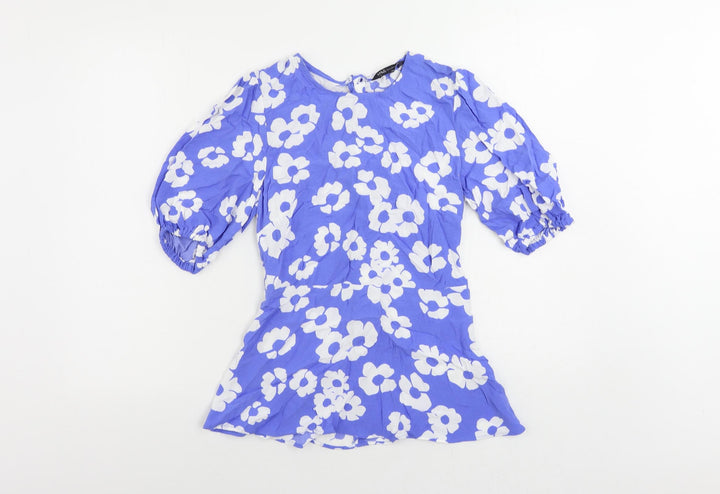 Marks and Spencer Womens Blue Floral Viscose Basic Blouse Size 6 Round Neck