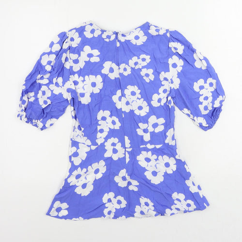 Marks and Spencer Womens Blue Floral Viscose Basic Blouse Size 6 Round Neck