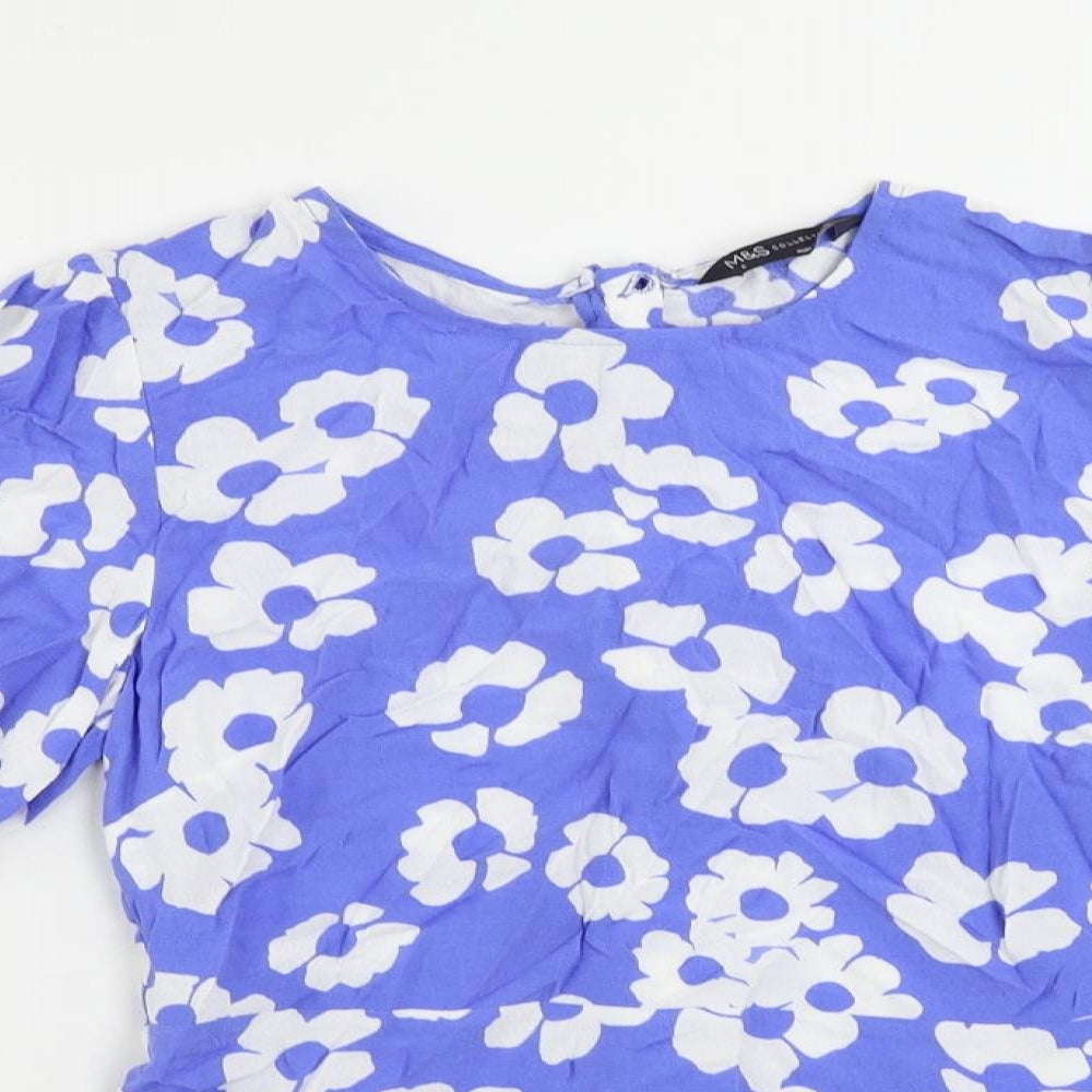 Marks and Spencer Womens Blue Floral Viscose Basic Blouse Size 6 Round Neck