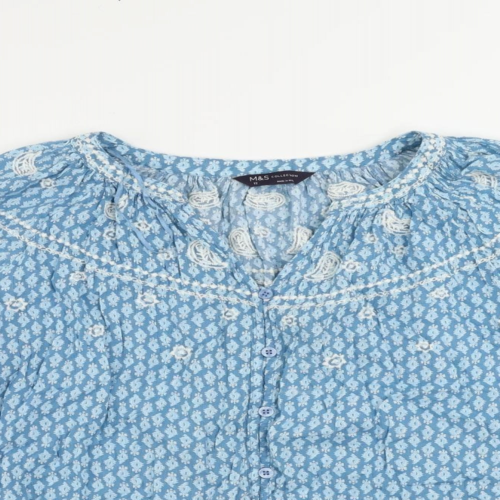 Marks and Spencer Womens Blue Geometric Cotton Basic Blouse Size 12 V-Neck - Embroidered