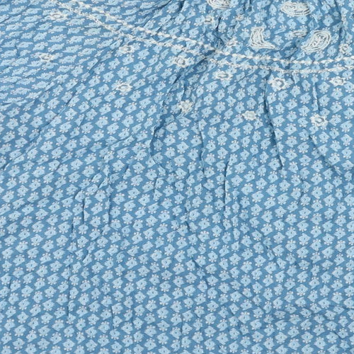 Marks and Spencer Womens Blue Geometric Cotton Basic Blouse Size 12 V-Neck - Embroidered