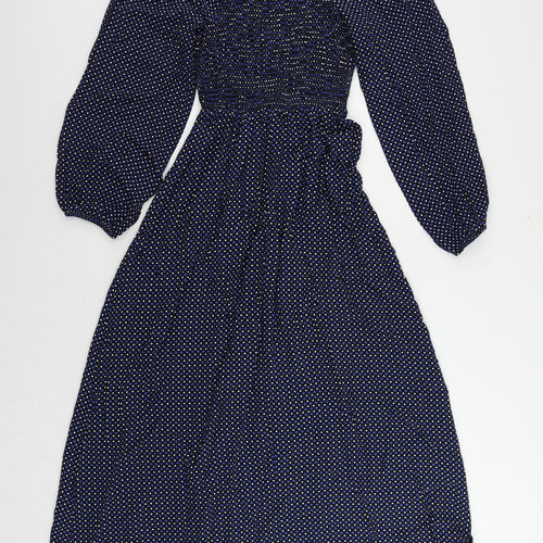 Marks and Spencer Womens Blue Geometric Viscose A-Line Size 8 Square Neck Pullover - Shirred