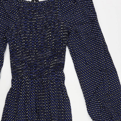 Marks and Spencer Womens Blue Geometric Viscose A-Line Size 8 Square Neck Pullover - Shirred