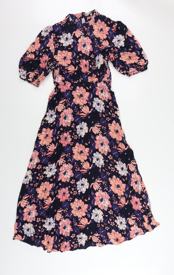 Marks and Spencer Womens Multicoloured Floral Viscose A-Line Size 8 Mock Neck Zip