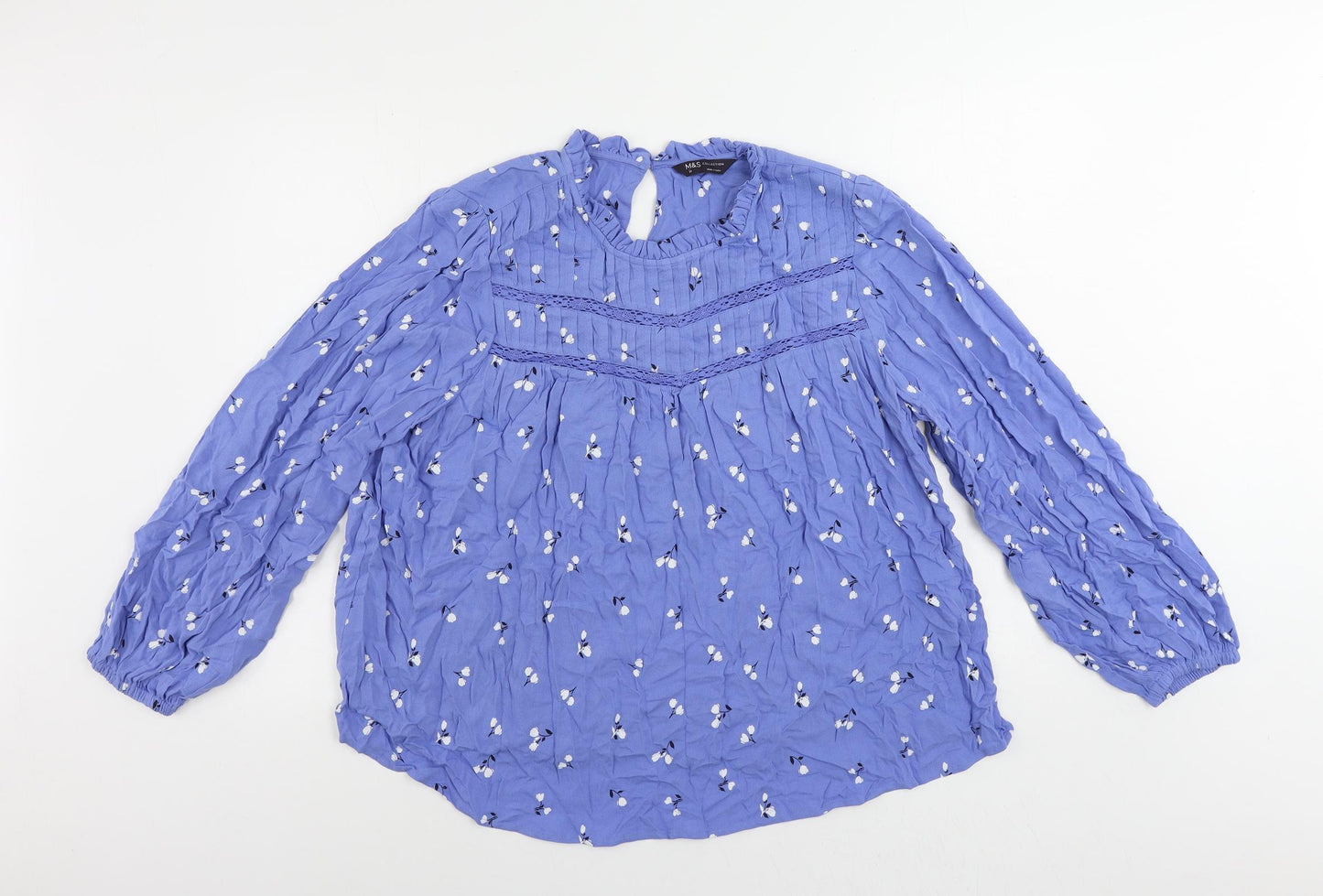 Marks and Spencer Womens Blue Floral Viscose Basic Blouse Size 18 Mock Neck
