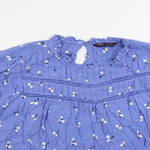 Marks and Spencer Womens Blue Floral Viscose Basic Blouse Size 18 Mock Neck