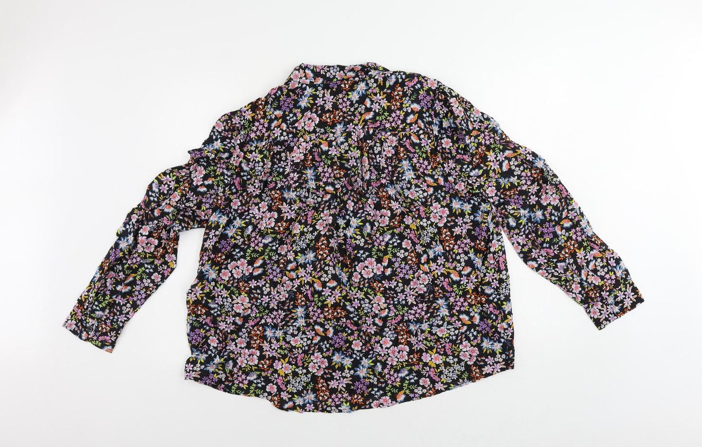 Marks and Spencer Womens Black Floral Viscose Basic Button-Up Size 18 Collared