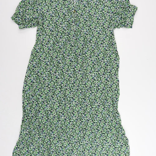 Marks and Spencer Womens Green Floral Viscose A-Line Size 16 V-Neck Button
