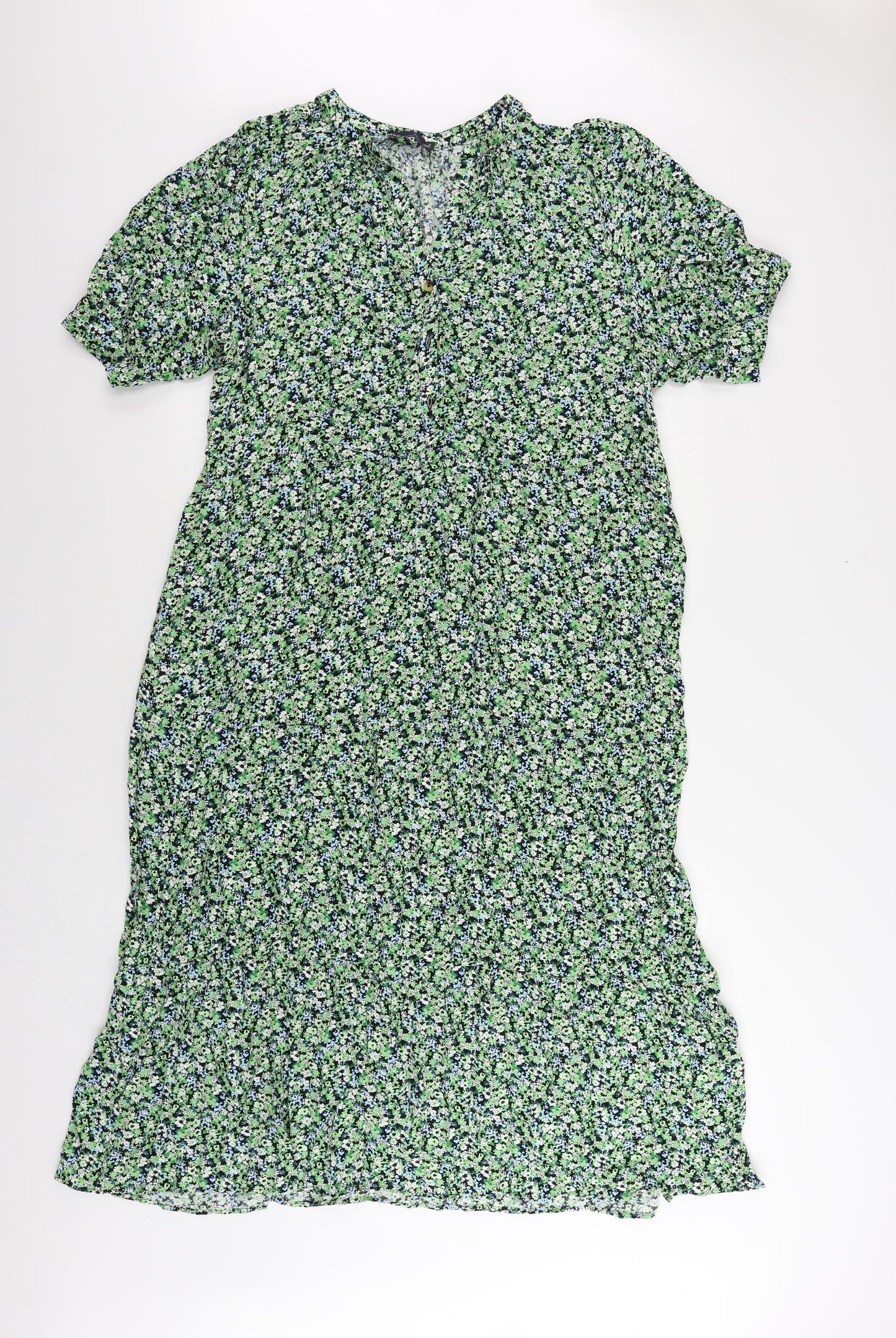 Marks and Spencer Womens Green Floral Viscose A-Line Size 16 V-Neck Button