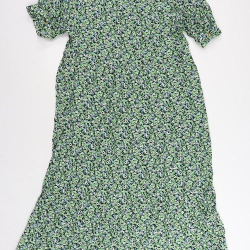 Marks and Spencer Womens Green Floral Viscose A-Line Size 16 V-Neck Button