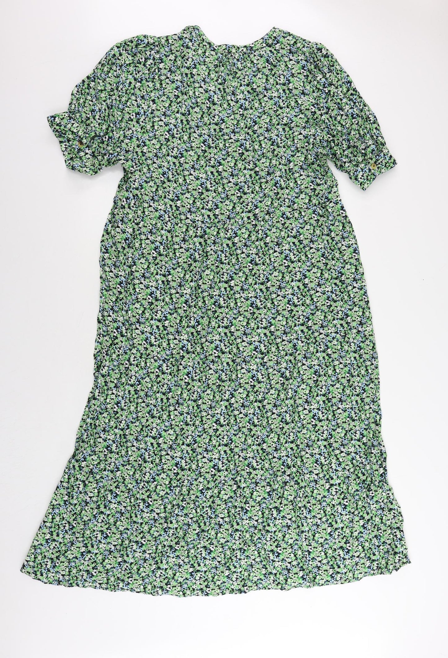 Marks and Spencer Womens Green Floral Viscose A-Line Size 16 V-Neck Button
