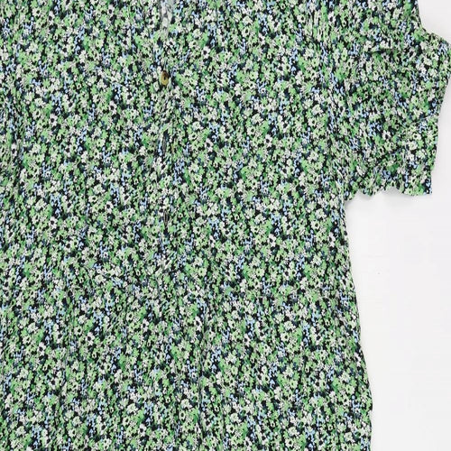 Marks and Spencer Womens Green Floral Viscose A-Line Size 16 V-Neck Button