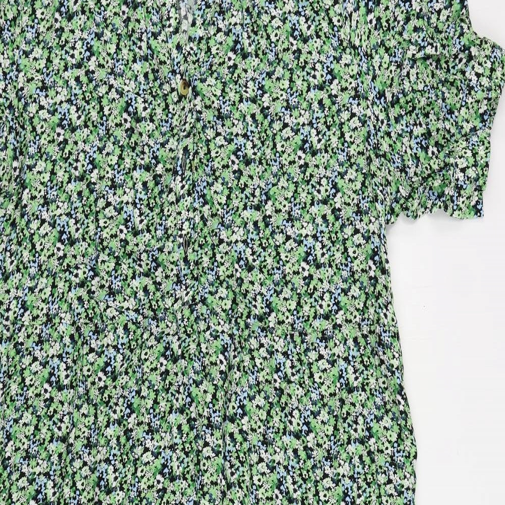 Marks and Spencer Womens Green Floral Viscose A-Line Size 16 V-Neck Button