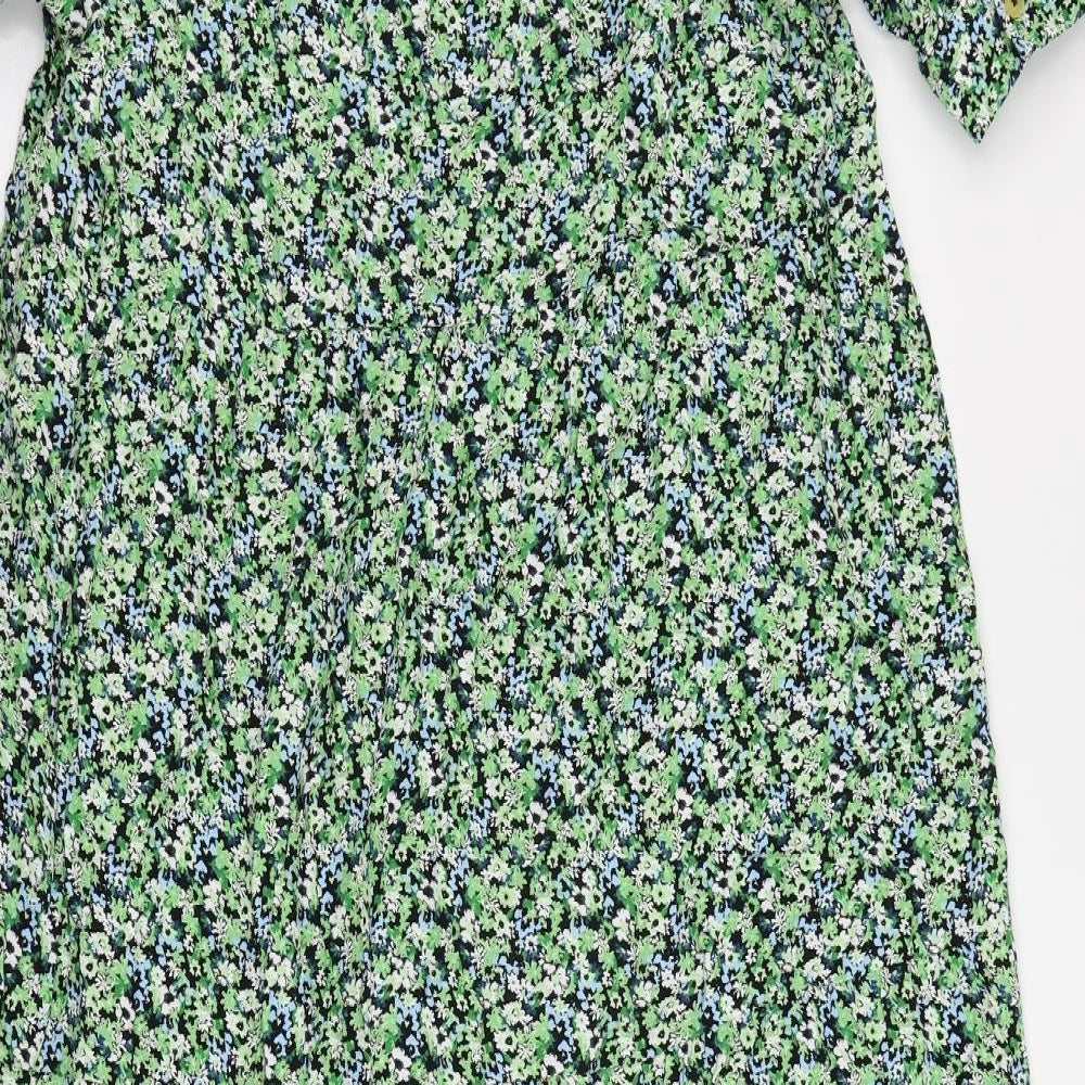 Marks and Spencer Womens Green Floral Viscose A-Line Size 16 V-Neck Button