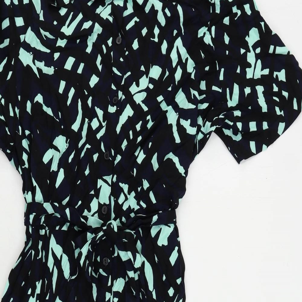 Marks and Spencer Womens Blue Geometric Viscose Shirt Dress Size 20 Collared Button