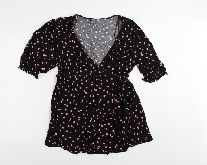 Marks and Spencer Womens Black Polka Dot Viscose Wrap Blouse Size 12 V-Neck