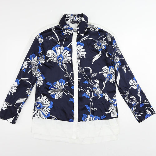 Marks and Spencer Womens Blue Floral Polyester Tunic Button-Up Size 8 Collared
