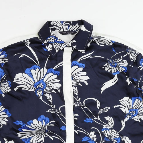 Marks and Spencer Womens Blue Floral Polyester Tunic Button-Up Size 8 Collared