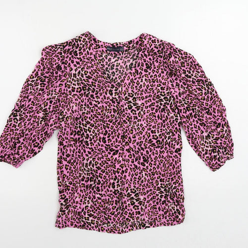 Marks and Spencer Womens Pink Animal Print Viscose Basic Button-Up Size 6 V-Neck