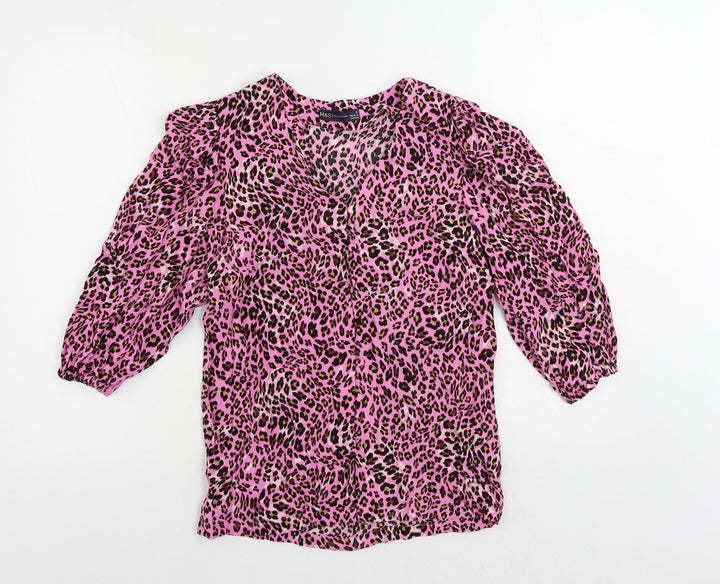 Marks and Spencer Womens Pink Animal Print Viscose Basic Button-Up Size 6 V-Neck