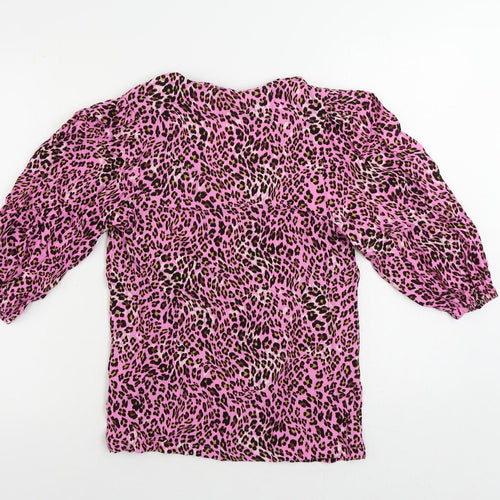 Marks and Spencer Womens Pink Animal Print Viscose Basic Button-Up Size 6 V-Neck