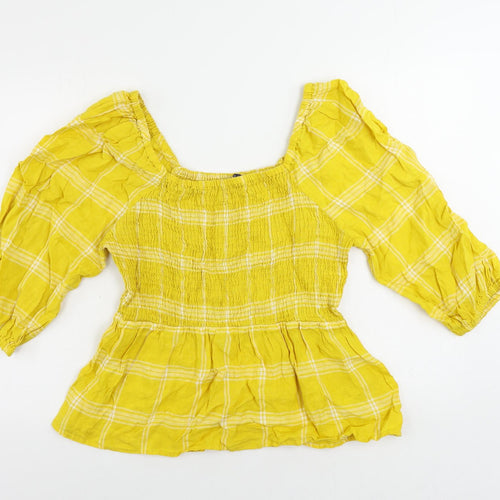 Marks and Spencer Womens Yellow Plaid Linen Basic Blouse Size 14 Square Neck