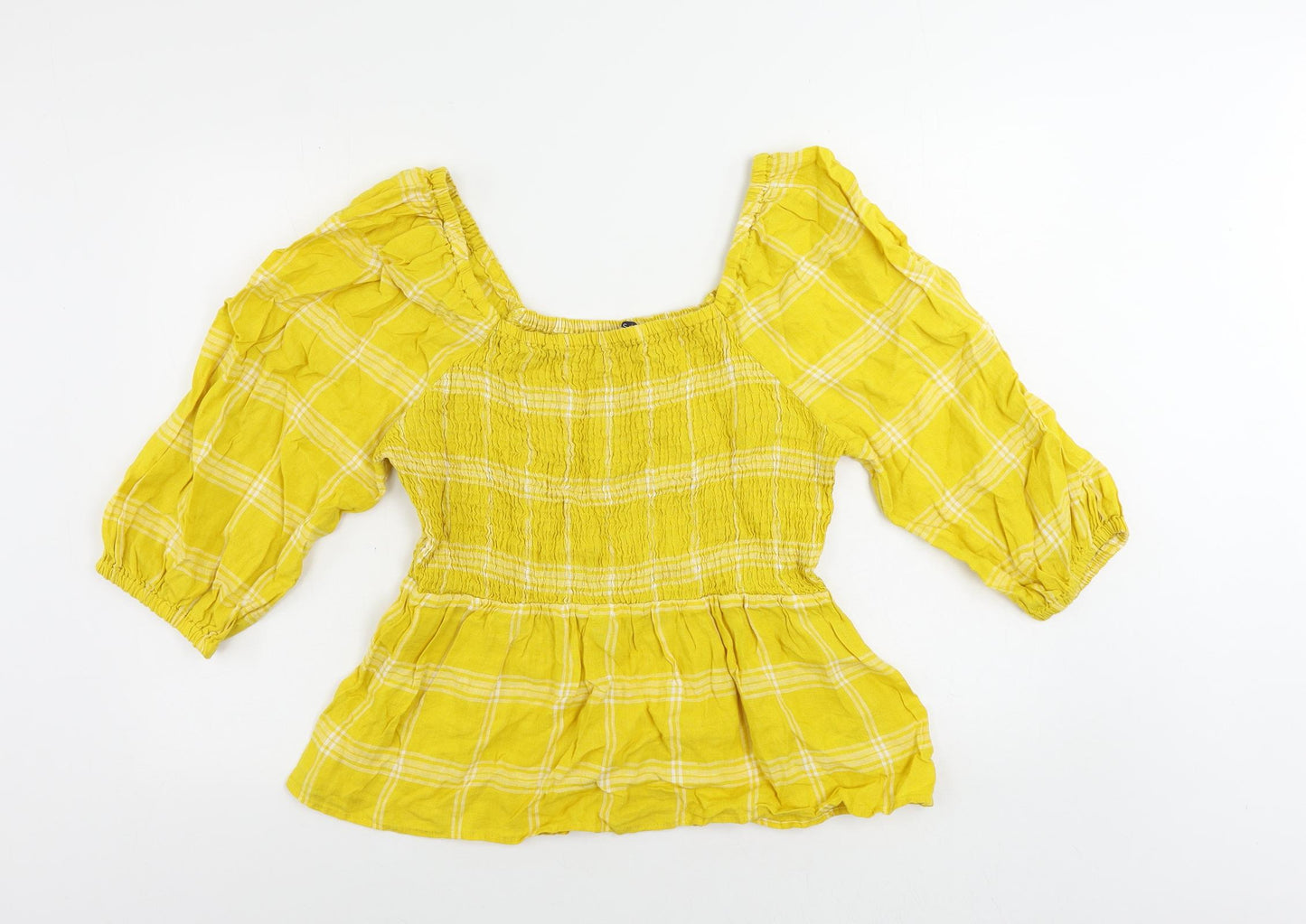 Marks and Spencer Womens Yellow Plaid Linen Basic Blouse Size 14 Square Neck