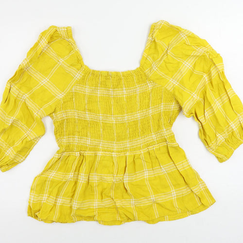Marks and Spencer Womens Yellow Plaid Linen Basic Blouse Size 14 Square Neck