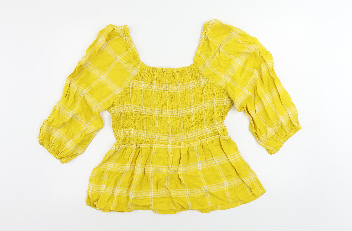 Marks and Spencer Womens Yellow Plaid Linen Basic Blouse Size 14 Square Neck
