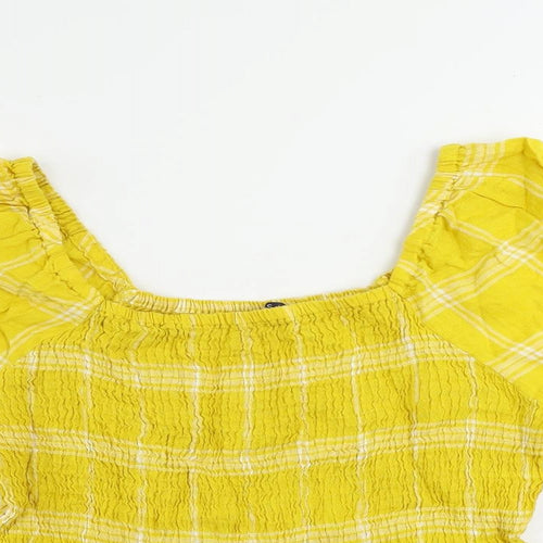 Marks and Spencer Womens Yellow Plaid Linen Basic Blouse Size 14 Square Neck