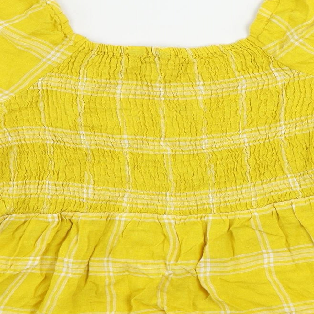 Marks and Spencer Womens Yellow Plaid Linen Basic Blouse Size 14 Square Neck