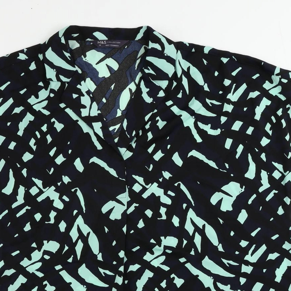 Marks and Spencer Womens Black Geometric Polyester Tunic Blouse Size 14 Collared