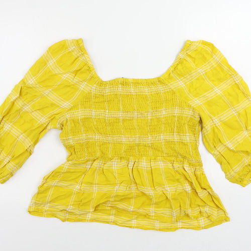 Marks and Spencer Womens Yellow Plaid Linen Basic Blouse Size 14 Off the Shoulder