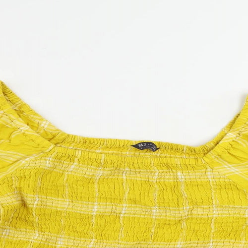 Marks and Spencer Womens Yellow Plaid Linen Basic Blouse Size 14 Off the Shoulder