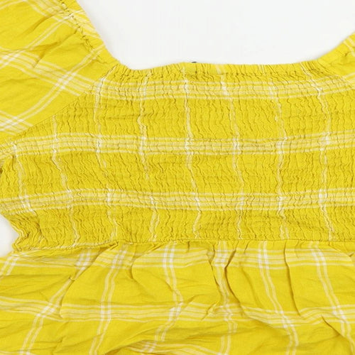 Marks and Spencer Womens Yellow Plaid Linen Basic Blouse Size 14 Off the Shoulder