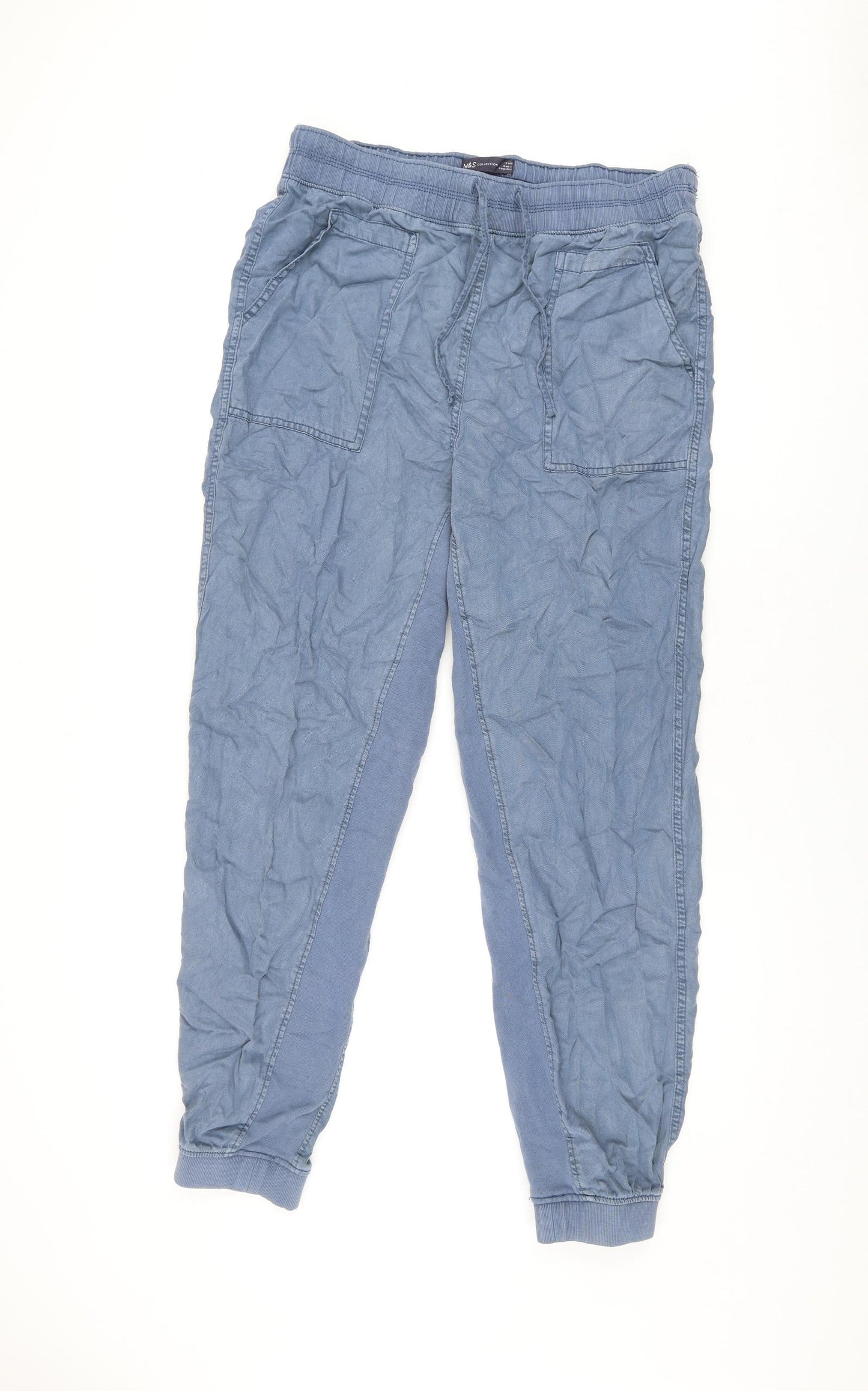 Marks and Spencer Womens Blue Lyocell Trousers Size 14 L30 in Regular Drawstring
