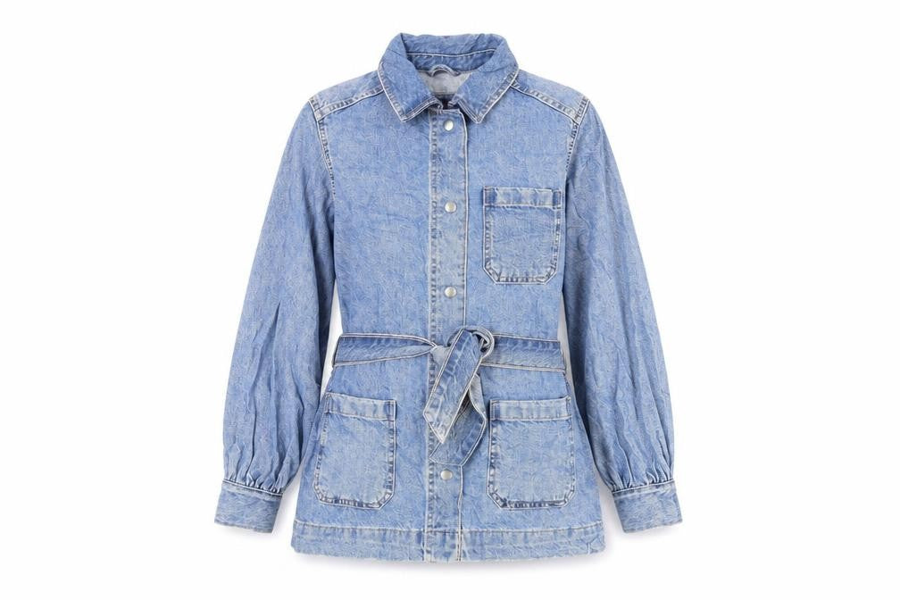 Front view of Marks & Spencer women’s blue jacket, size UK 8, snap - belted