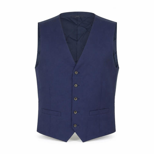 Front view of Marks & Spencer men’s blue polyester jacket suit waistcoat, size M, regular