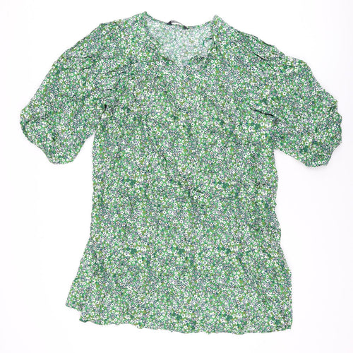 Marks and Spencer Womens Green Floral Viscose Shift Size 14 V-Neck Pullover
