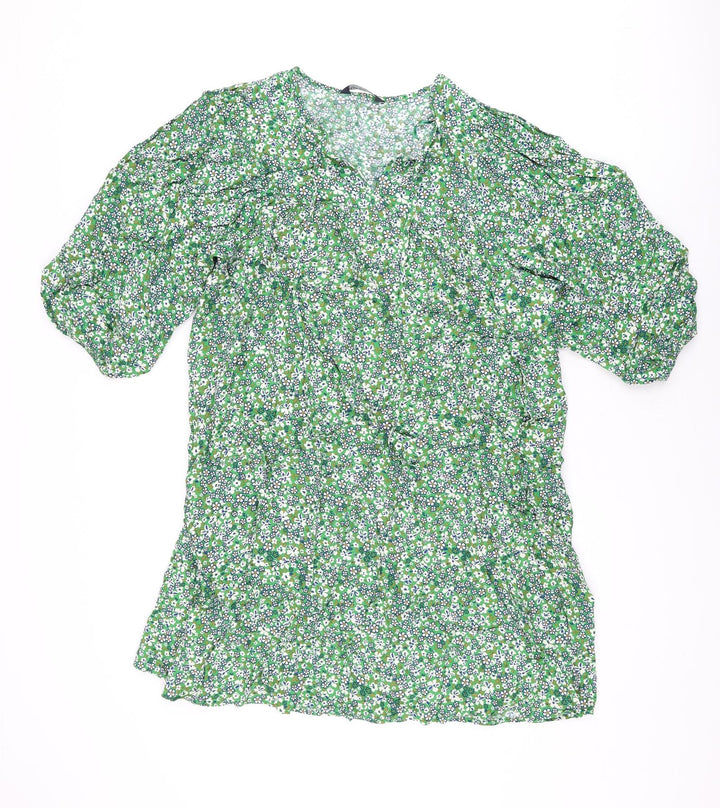 Marks and Spencer Womens Green Floral Viscose Shift Size 14 V-Neck Pullover