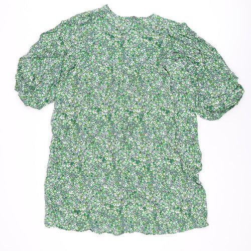 Marks and Spencer Womens Green Floral Viscose Shift Size 14 V-Neck Pullover