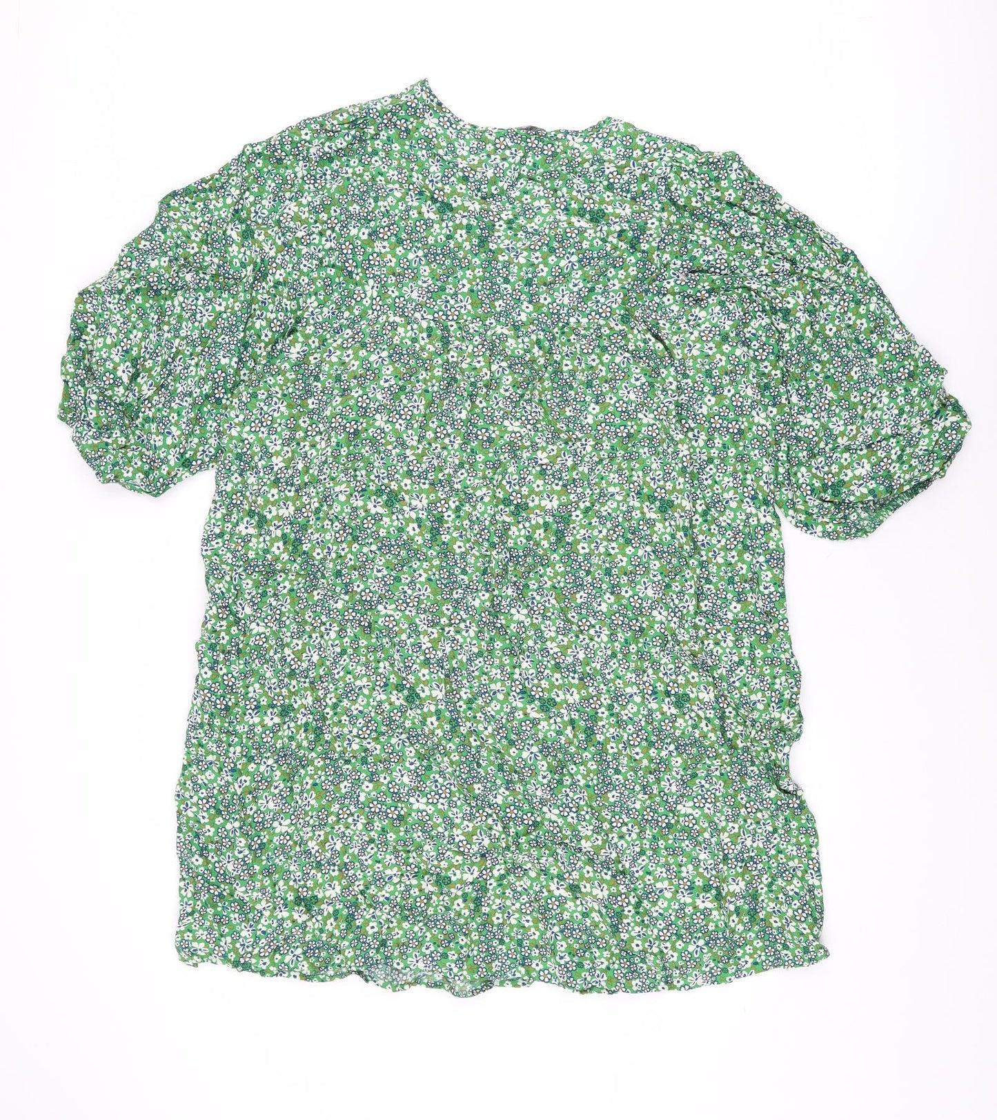 Marks and Spencer Womens Green Floral Viscose Shift Size 14 V-Neck Pullover
