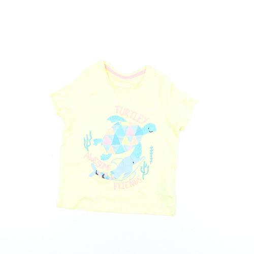 Marks and Spencer Girls Yellow Cotton Basic T-Shirt Size 3-4 Years Round Neck Pullover - Dolphin And Turtle Print