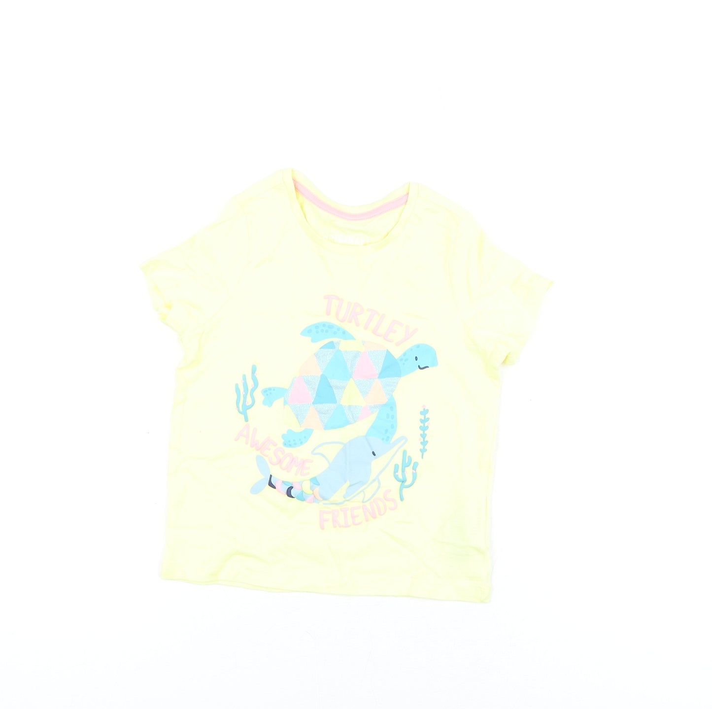 Marks and Spencer Girls Yellow Cotton Basic T-Shirt Size 3-4 Years Round Neck Pullover - Dolphin And Turtle Print