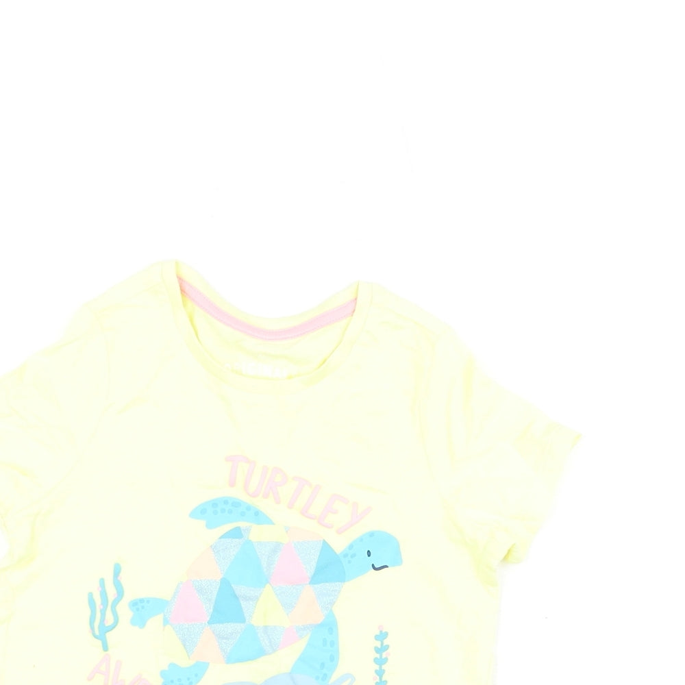 Marks and Spencer Girls Yellow Cotton Basic T-Shirt Size 3-4 Years Round Neck Pullover - Dolphin And Turtle Print