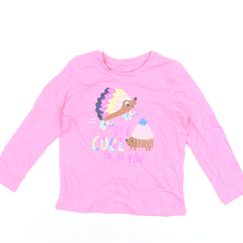 Marks and Spencer Girls Pink Cotton Basic T-Shirt Size 3-4 Years Round Neck Pullover - Hedgehog Print